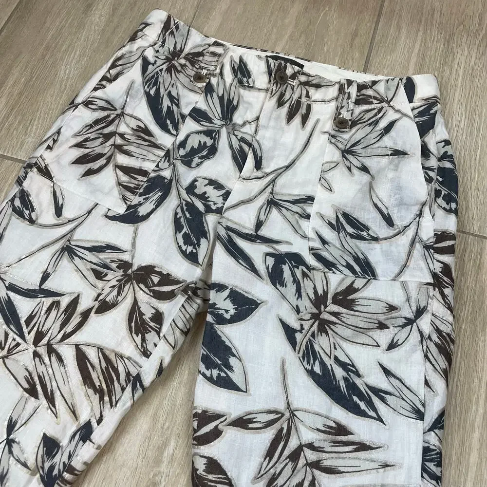 J Crew Linen Pants Womens 2 Ivory Tropical Leaf Print Cropped Lined Resort